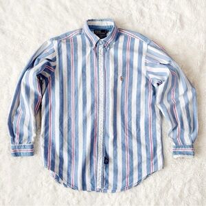 Ralph Lauren Men Stripe Blue White Oxford Button Down Long Sleeve Shirt